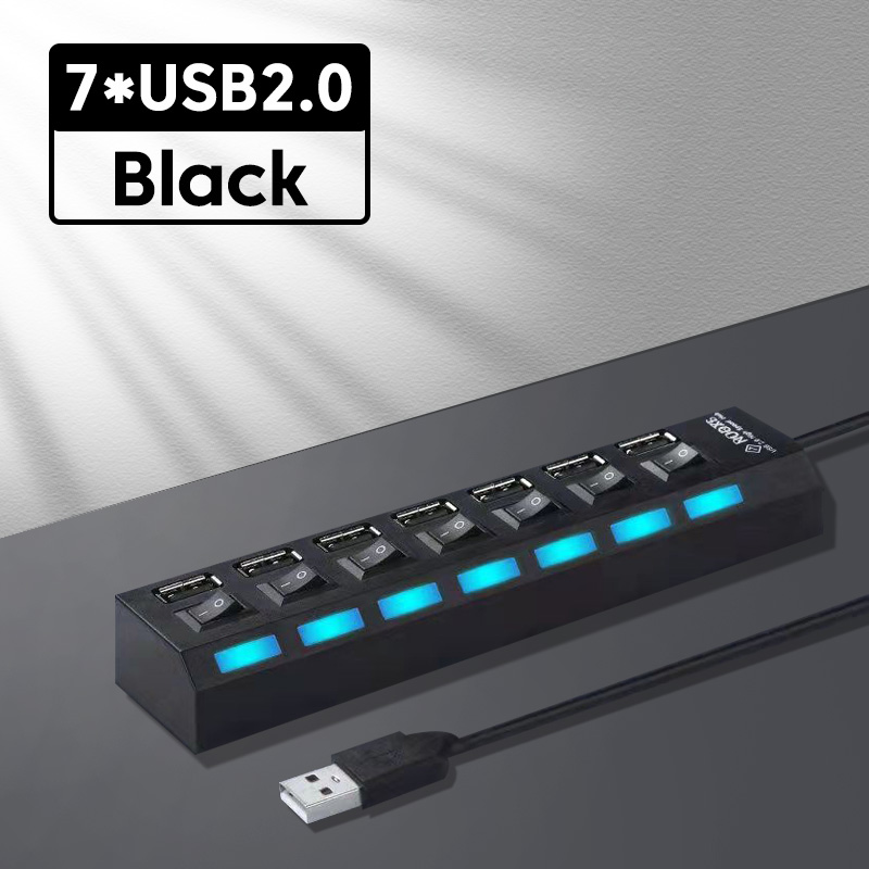 USB 2,0 Hub Multi USB Splitter Häfen Hub verwenden Netzteil 4/ 7 Hafen Mehrfach Expander Hub mit schalten 30cm Kabel für zu Hause: Schwarz
