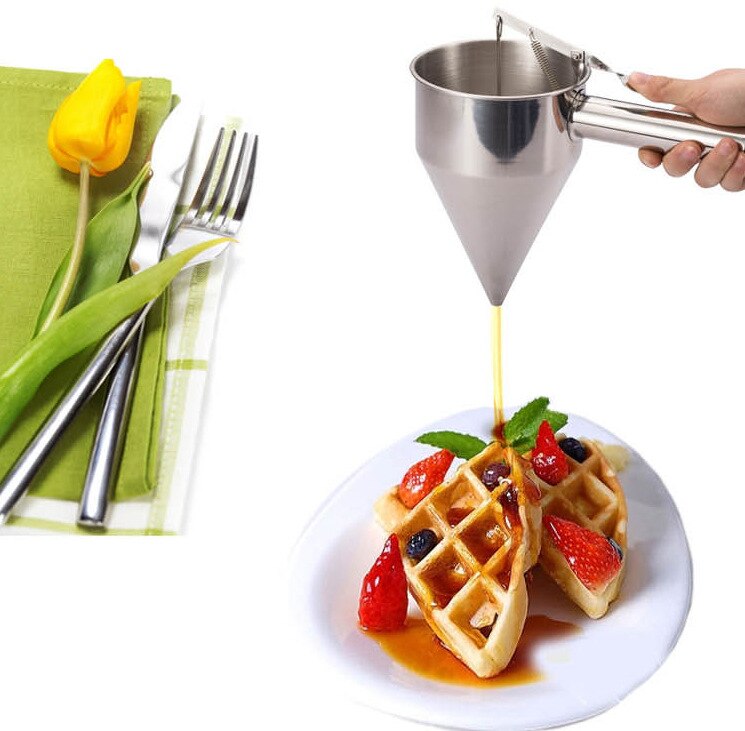 1 pieza de acero inoxidable pulpo bolas cono de huevo embudo Waffle Maker herramienta con estante dispensador de jarabe de azúcar para pastel PH 001