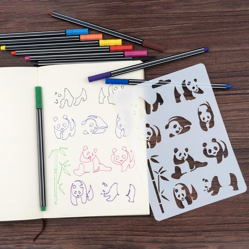 Animal Stencils Set 12 Pcs with 10 Fineliner Color Pen Plastic Drawing Painting Templates Scrapbooking Kids DIY Crafts Featu