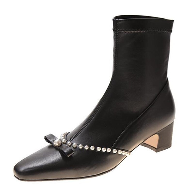 Bottines élégantes avec perles pour femmes, chaussures confortables à talons carrés, courtes en Pu, en plissage, collection automne-hiver