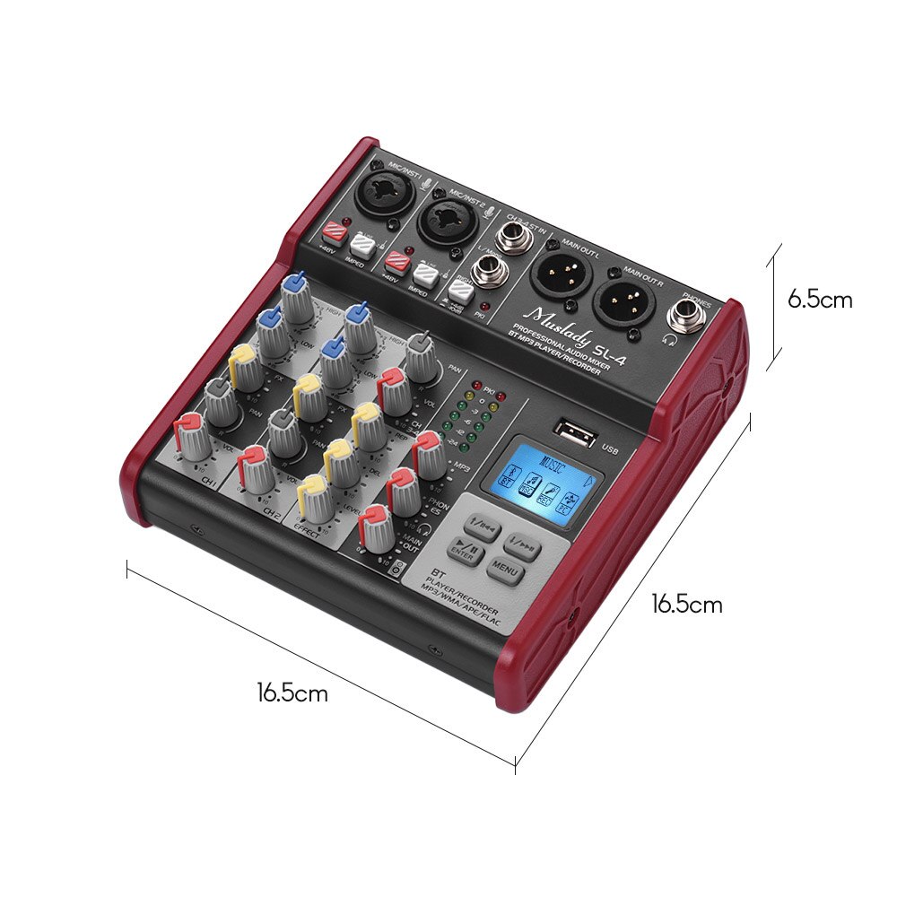Muslady SL-4 Compact Size 4-Channel Mixing Console Mixer 2-band EQ Built-in 48V Phantom Power Supports BT Connection USB