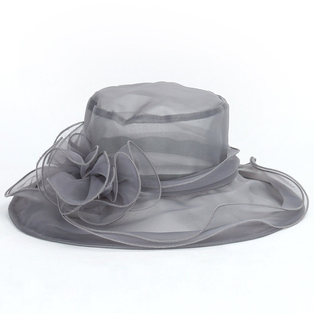 Kvinner vidkant kentucky derby solhatt bryllup teselskap kirke organza hatter lilla gull rød blå rosa: Grå