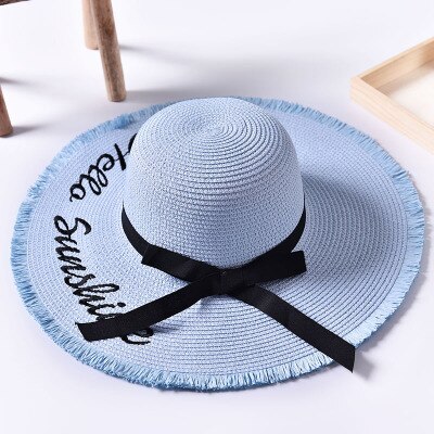 Håndlavet vævning brev sol hatte til kvinder sort bånd snøre op store randen stråhat udendørs strand hat sommer hætter chapeu feminino: 4