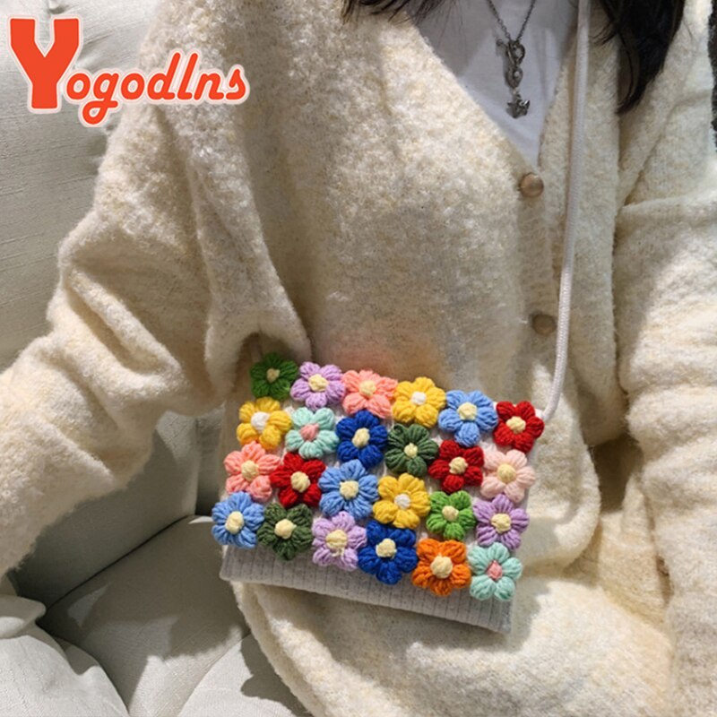 Yogodlns Mode Bloem Flap Bag Voor Vrouwen Geweven Handgemaakte Crossbody Tas Katoen Linnen Messenger Handtas Zomer Reizen Strand Tassen
