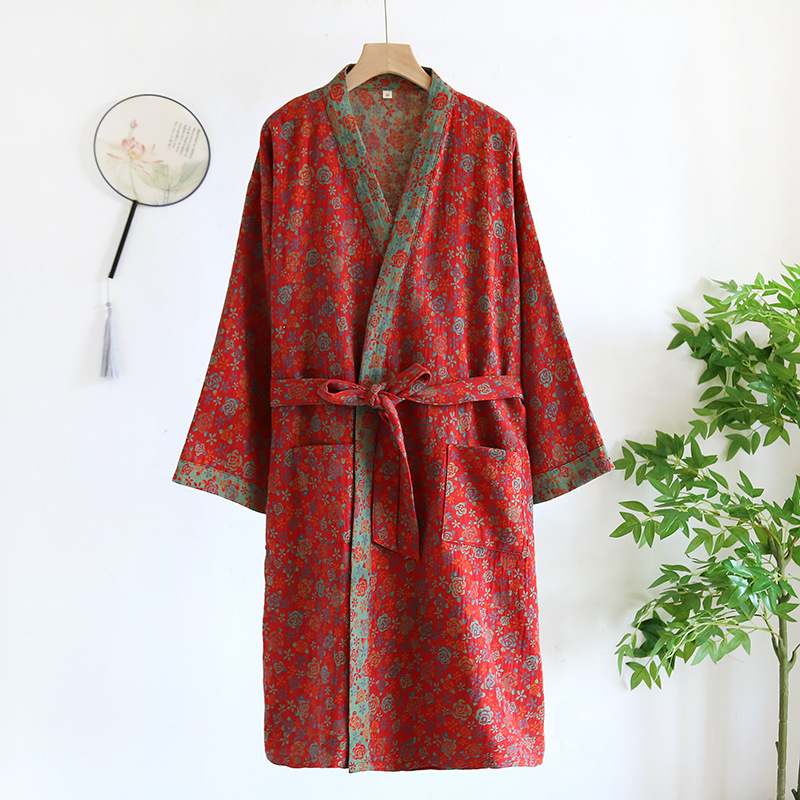 Flerfärgad kimono-badrock dampyjamaskläder för vår och sommar bomull lösa hemsovkläder kimono-rockar med bälte: M / Himmelsblå