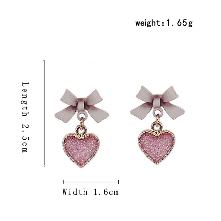 Korean style Purple Bow Sequin Love Heart Clip on Earrings Sweet Small Cute Heart-Shaped Clip Earrings without piercing