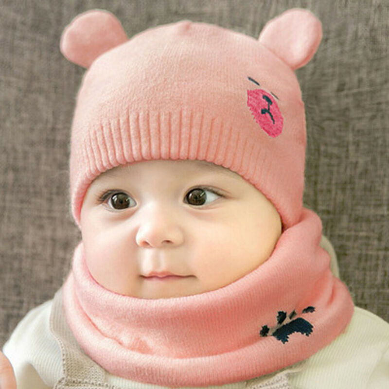 2 -delad nyfödd höstvintermössa haklapp baby söt björn baby print stereoörat stickad hatt småbarn barnullskeps för barn