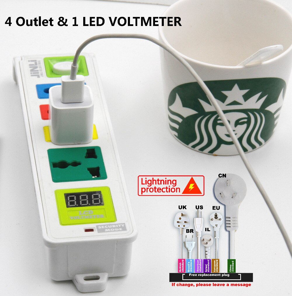 AU EU UK US 4 Outlet voltmeter socket with Lightning protection system