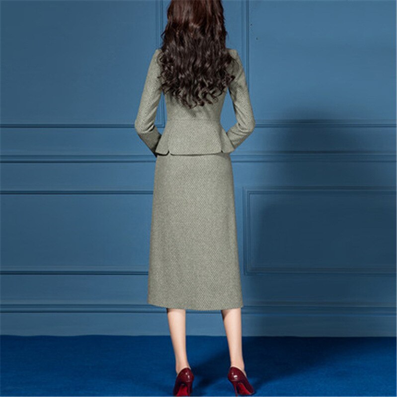 Otoño Invierno lana mujer traje ropa 2 dos piezas conjunto de manga larga Vintage chaqueta vestido Offce trabajo de dama femenina