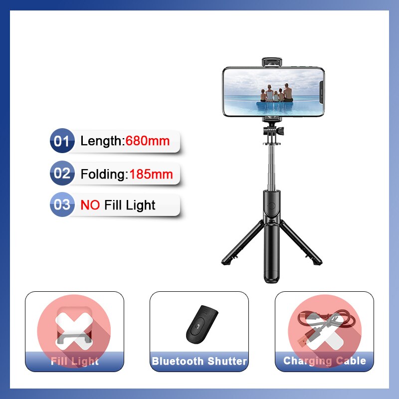 Roreta 2022 Wireless bluetooth selfie stick tripod with fill light shutter remote control for IOS Android smart phone: small No fill light