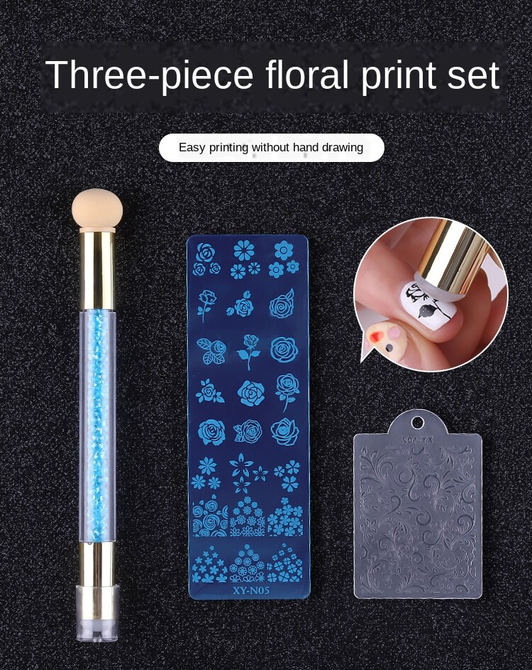 Juego de plantillas de impresión para manicura, raspador de sello de placa de acero para impresión de manicura, esponja de silicona, bolígrafo de halo, herramienta: Azul cielo