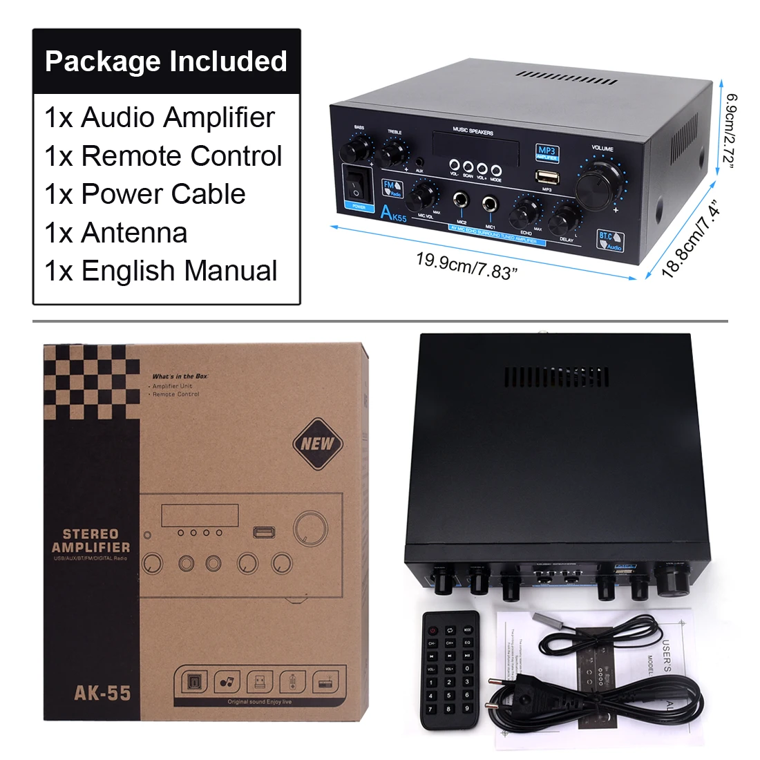 AK55 amplificateur Audio Bluetooth 5.0 HiFi stéréo Max 450W 2.0 canaux puissance Audio Mini amplificateur récepteur 220V 110V /12V