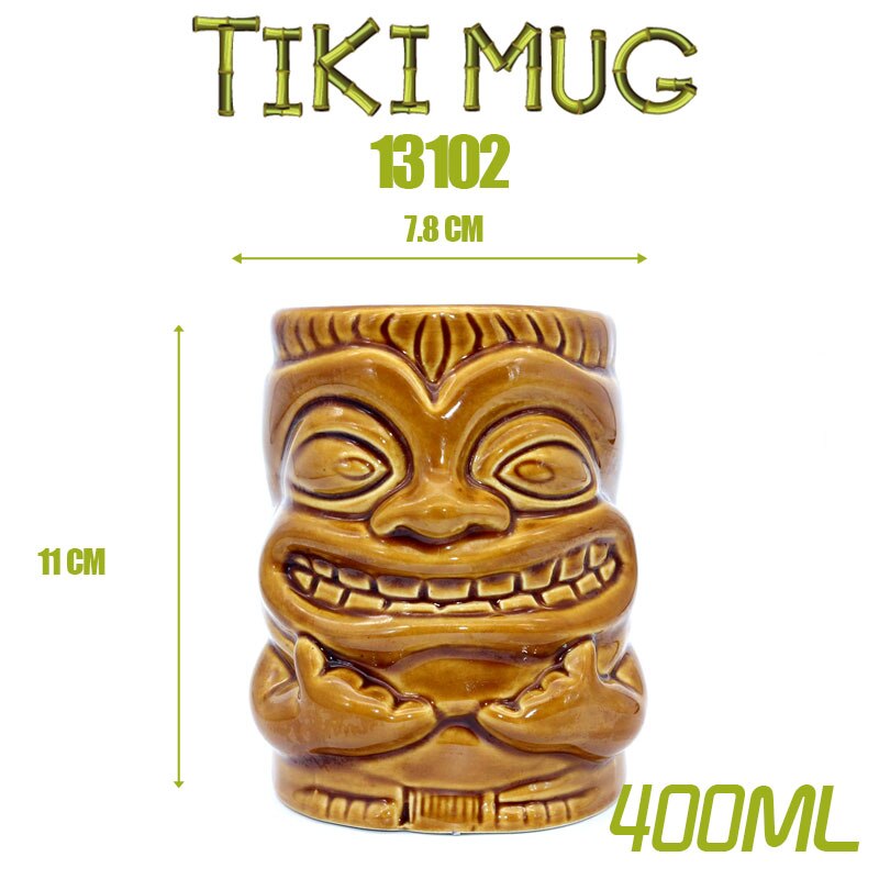 7 farver 400ml tiki kop gud billede vinglas keramik hawaiisk cocktail tiki krus bar drikkeredskaber med håndtag: Khaki