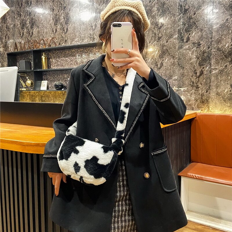 Leopard Print Crossbody Bags For Women Autumn Winter Plush Soft Shoulder Messenger Bags Ladies Fluffy Handbag And Purse: white cow