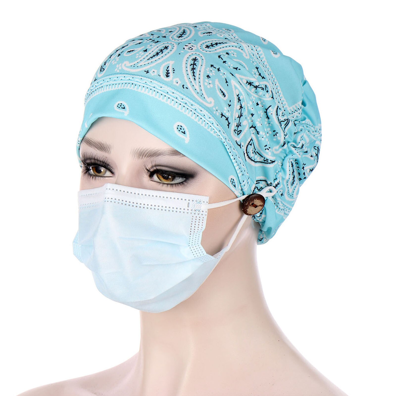 Women's hats with buttons Indian nurses work men's hats Muslim cancer chemical hats beanies wrap caps: B