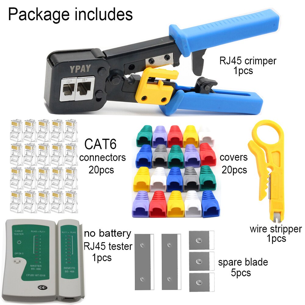 YPAY Rj45 Cable Crimping Tools Crimper Rg45 Ethernet Internet Network Pliers Rj12 CAT5 CAT6 Wire Stripper Clamp Multifunction: set E