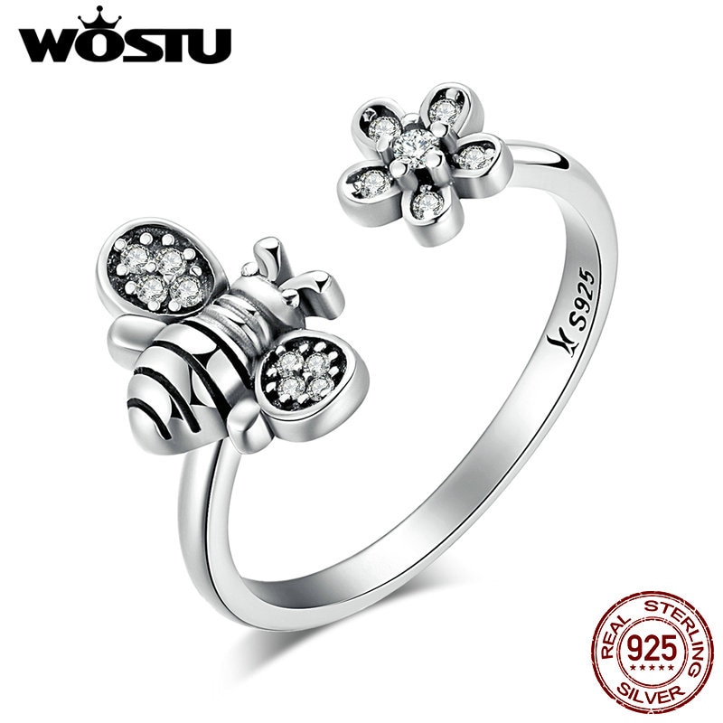 WOSTU Authentic 100% 925 Sterling Silver Bee & Daisy Adjustable Open Rings For Women Wedding Jewelry CQR086