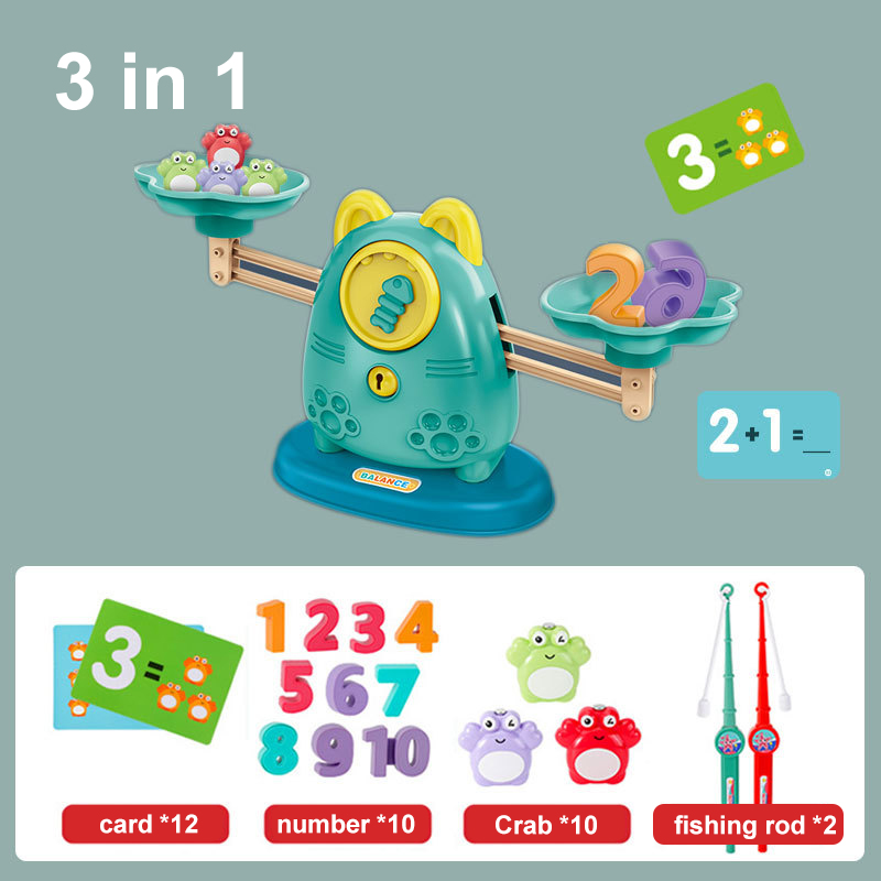 QWZ Fishing Math Toys Montessori For Kids Balance Scale Learning Education Puzzle Toy Board Game for Children Christmas: 3in1 Green cat