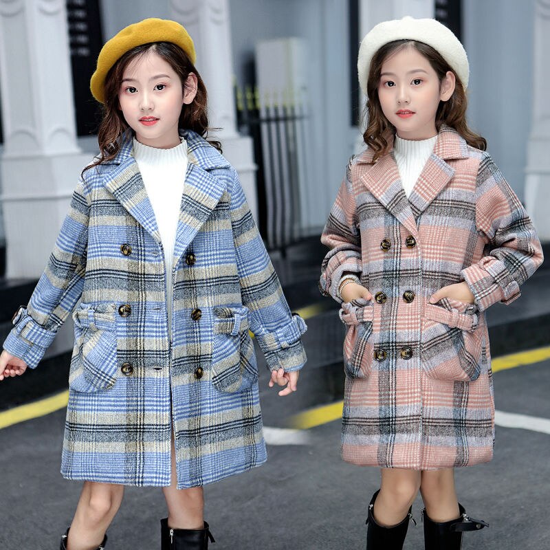 Manteau en laine pour fille, veste à carreaux, col rabattu, en coton, vêtements d'extérieur pour enfants, , automne hiver