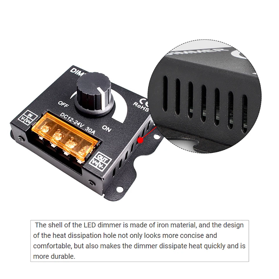 Variateur de bouton LED 30A, potentiomètre réglable haute puissance, contrôleur de commutateur de gradation et télécommande sans fil RF DC 12V 24V