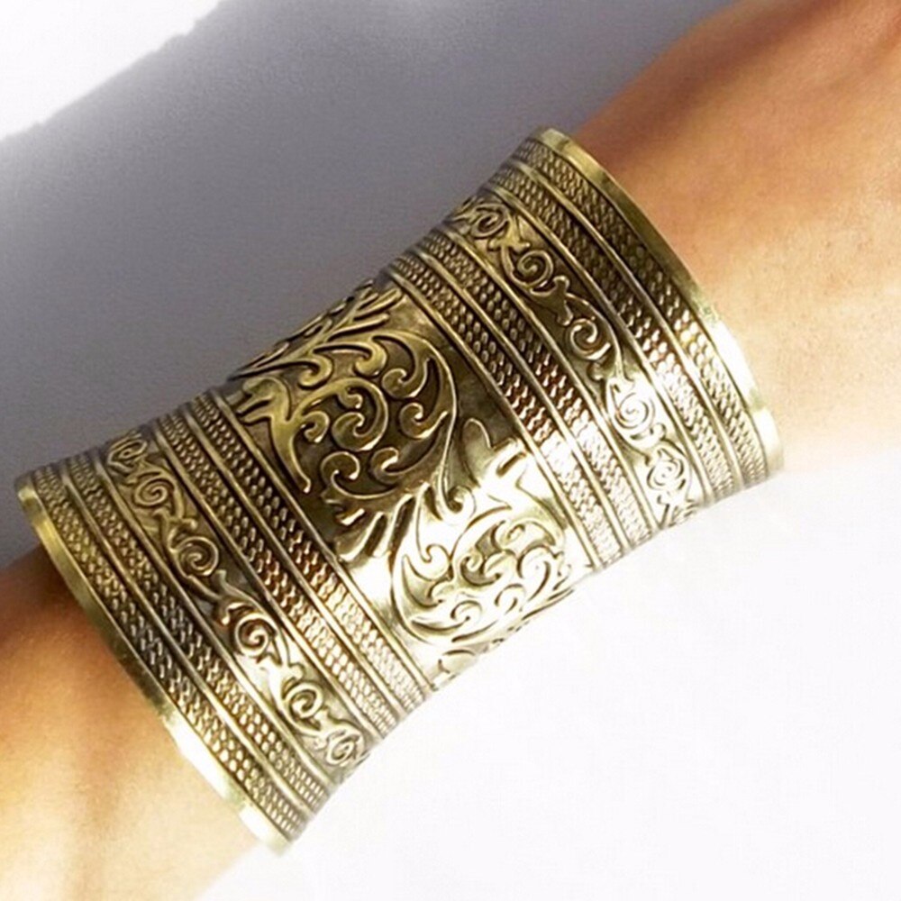 1Pcs Vintage Tibetan Punk Style Tribal Retro Bronze Pulseira Carving Flower Wide Chain C Shape Indian Bangle Cuff Opened: Antique Bronze