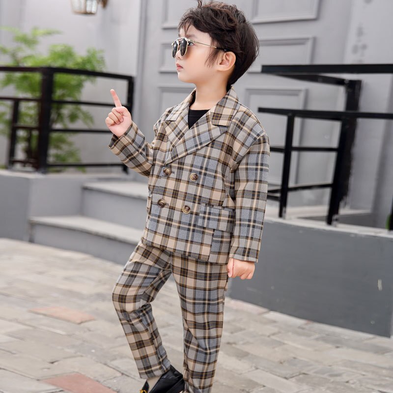 3-11y blazer per pantaloni per bambini 2 pezzi set autunno primavera ragazzi giacche per abiti Casual Plaid doppio petto abiti da sposa per bambini H78