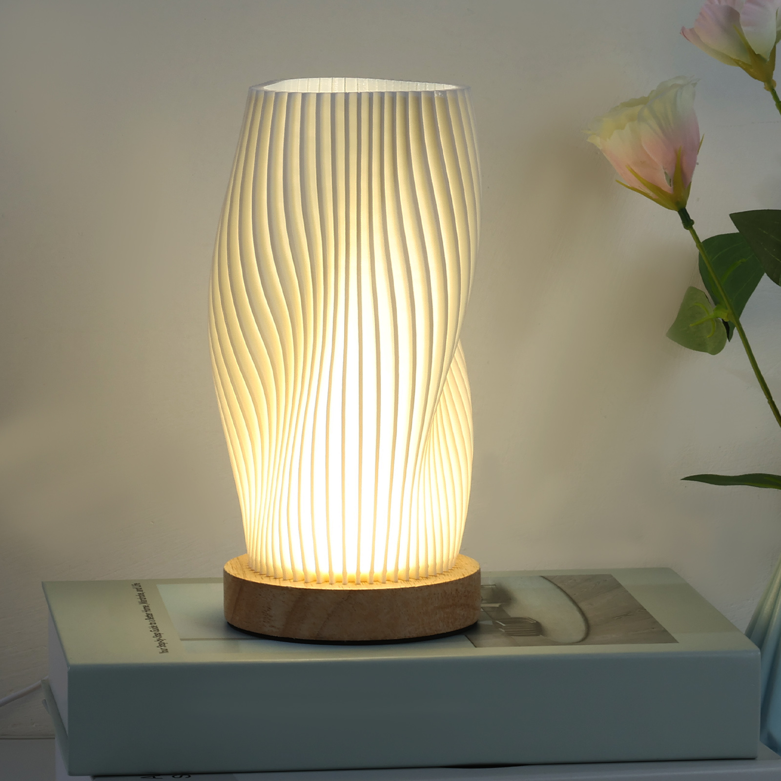 Nachttischlampe mit Holzsockel, Neuheit, kleine Nachttischlampe, Jahrgang-Stil, gestreift, kleine Nachttischlampe für Wohnzimmer