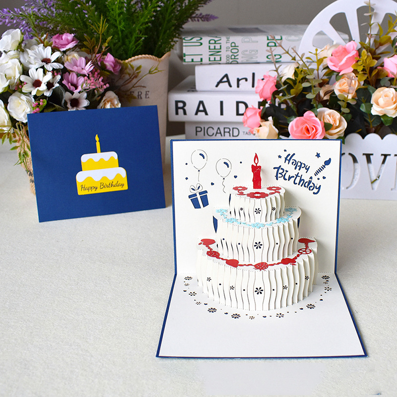 Carte Pop-Up 3D pour gâteau d&#39;anniversaire, carte postale découpée à la main, cartes de vœux 3 couleurs: -BL