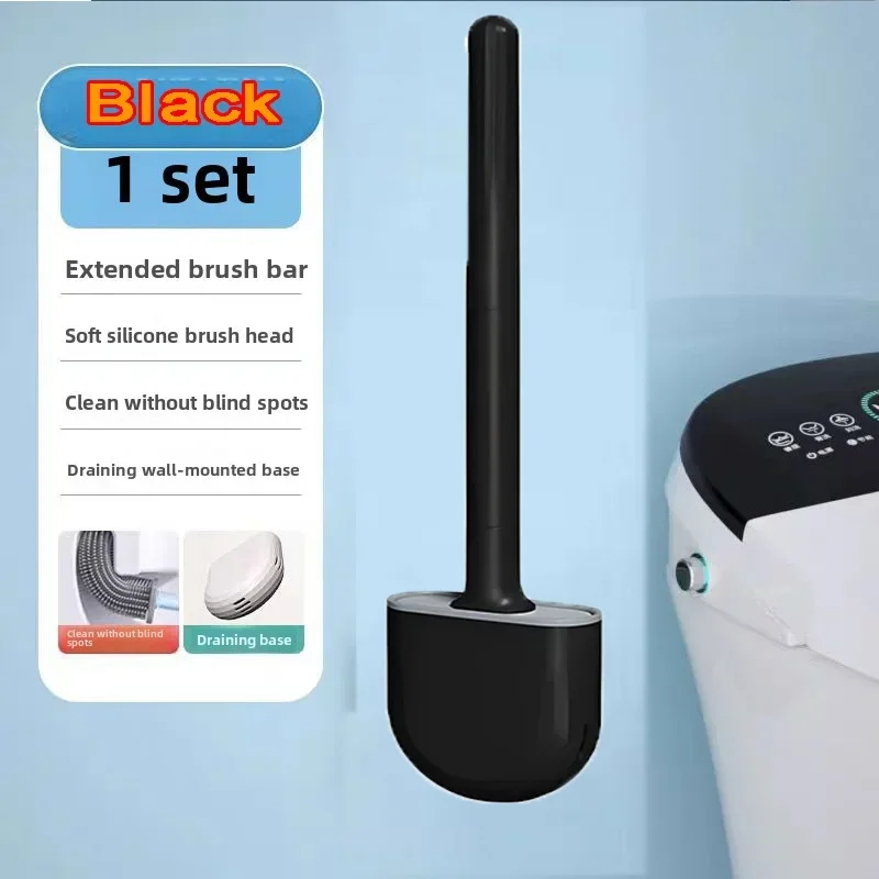 Escobilla de baño para inodoro, escobilla de baño montada en la pared, cabezal de cepillo plano de silicona, juego de cepillos limpiadores suaves de secado rápido, cepillo de limpieza: Negro