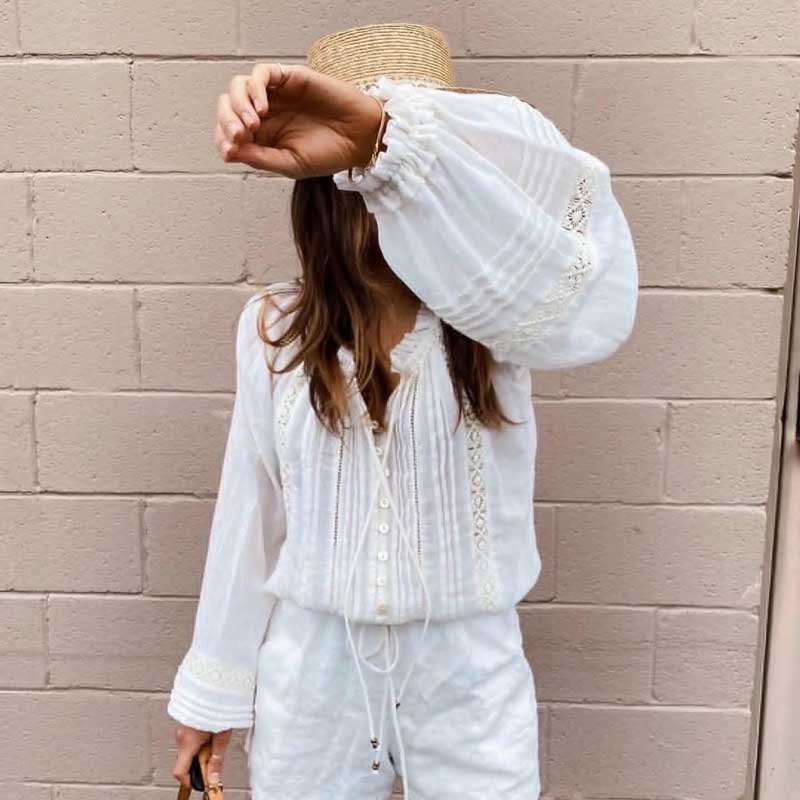 Boho Inspiriert gekräuselte weiße bluse frauen langarm V-ausschnitt tasten lässig bluse Shirt frühling sommer Spitzen boho Strand Spitzen