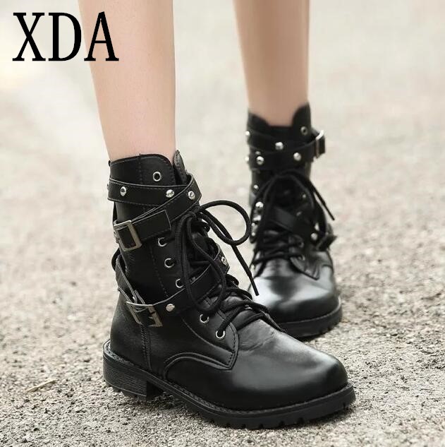XDA botas de moto botas de combate Vintage de otoño botas de ejército Punk Goth para mujer botas cortas de cuero PU de motociclista para mujer