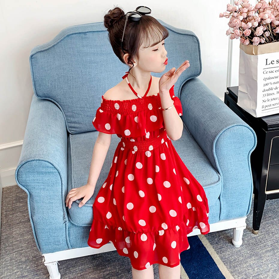 Vestito Da estate Della Ragazza Grande Dot Dress Per La Ragazza Shoulderless Vestito Da Partito Del Bambino Coulisse Abbigliamento Per Bambini 6 8 10 12 14