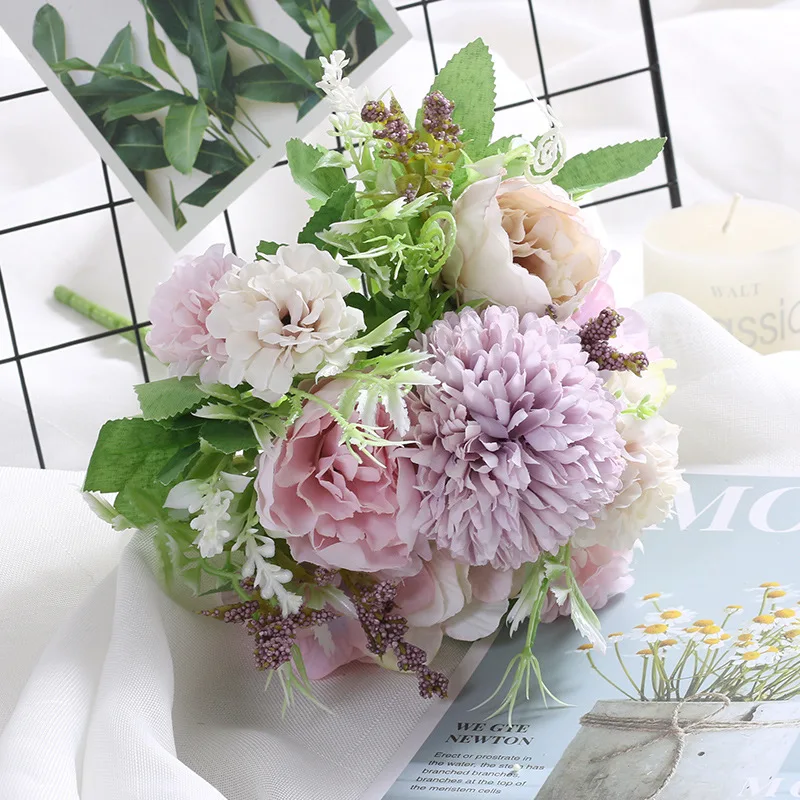Fleurs artificielles violettes pivoines, 1 Bouquet, fausses roses d'automne en soie pour bricolage, décoration de salon, jardin de maison, mariage: 13
