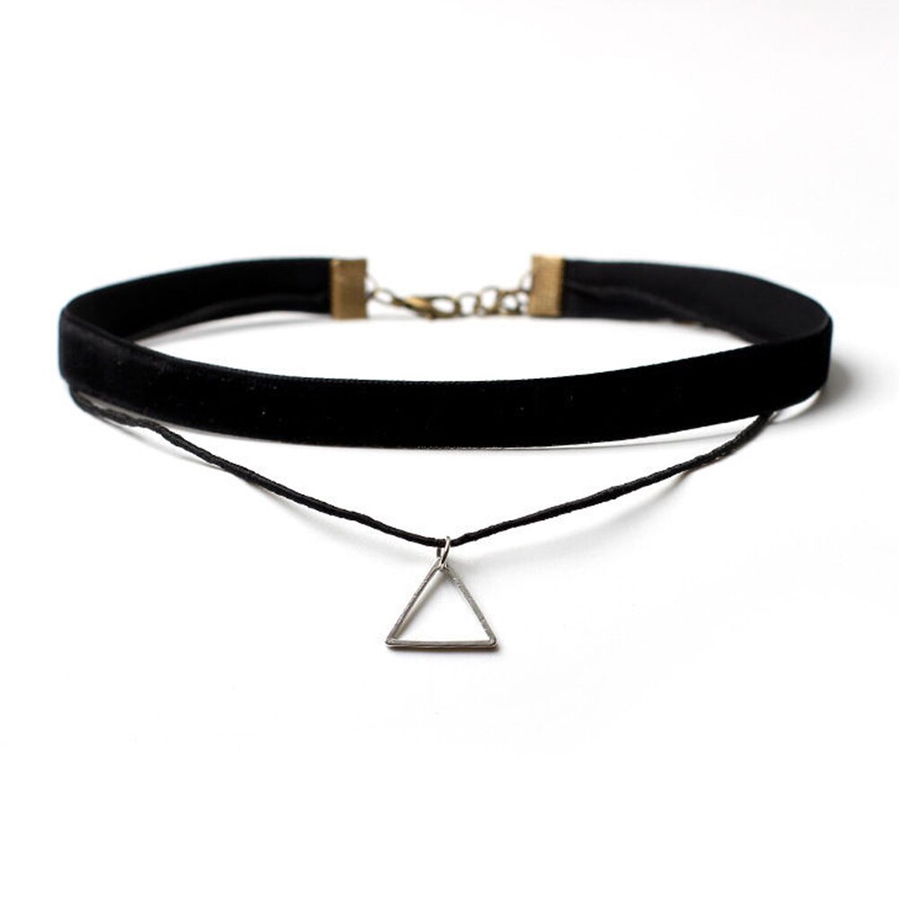 Women\'s Triangle Pendant Flower Lace Layered Wavy Velvet Vintage Choker Necklace