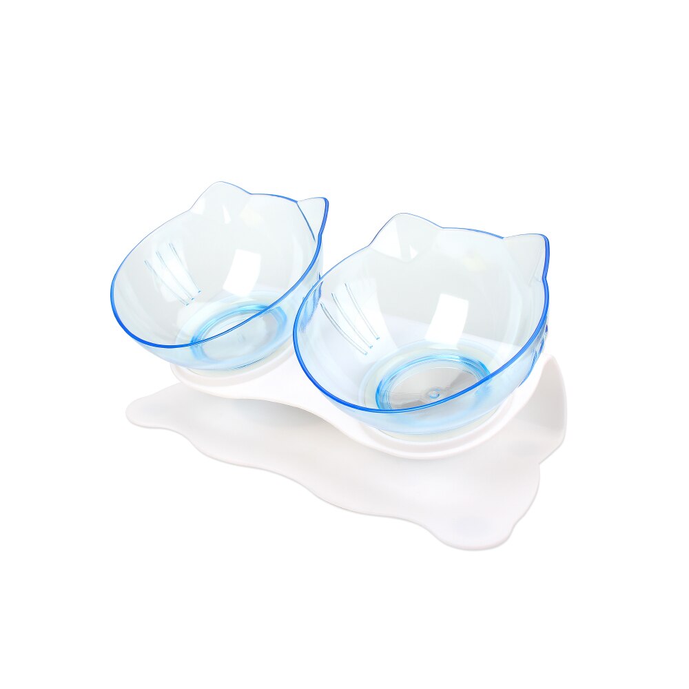 Cat Double Bowl Kitten Bowl Dog Bowl Transparent Material Non-slip Food Bowl With Protection Cervical Transparent Cat Supplies: Blue-Double