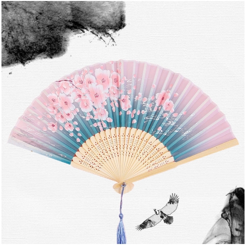 Abanico plegable de mano de seda con estampado de estilo japonés chino tradicional, borla de mango de madera, de boda , decoración del hogar: Verde claro