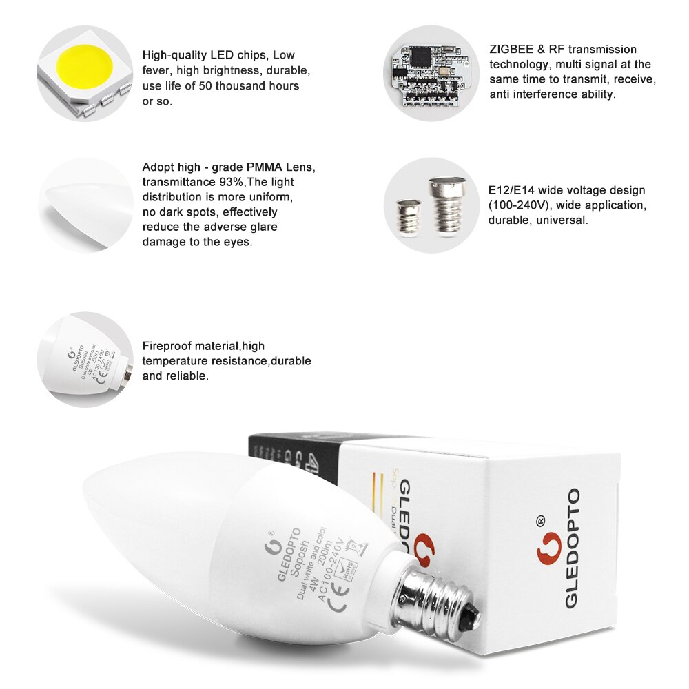 E12 E14 Zigbee Led Smart Bulb 4W Dimmable RGBCCT Ambiance Decorative Candle Bulbs Compatible with Echo Plus And SmartThing