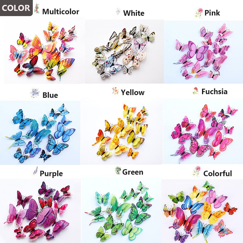 12 pièces/lot multicolore papillon Stickers muraux Double couche 3D bricolage papillons Stickers muraux pour décor à la maison salon