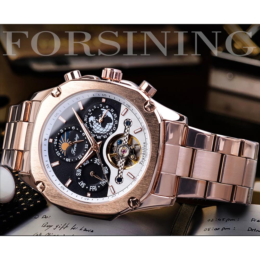 Forsining Mens Mechanische Horloges Super Grand Automatische Moonphase Tourbillon Aarde Datum Rose Gold Steel Belt Horloge Relogio