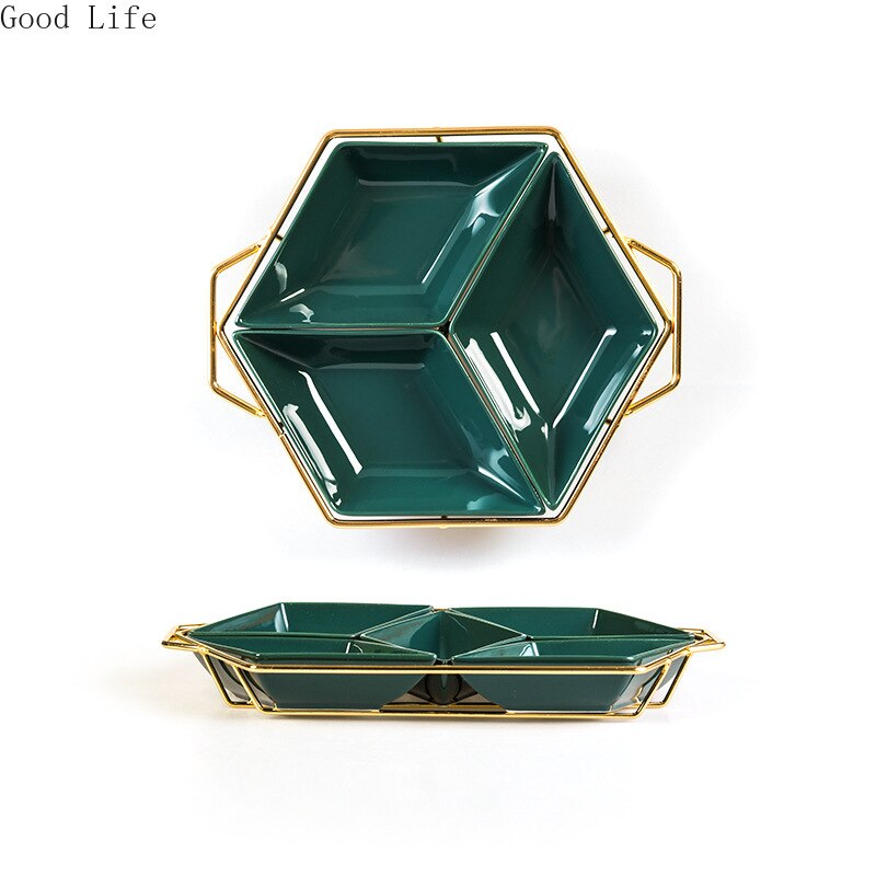 European-style Iron Art Ceramic Platter Diamond-shaped Fruit Plate Divided Cake Snack Nut Plates