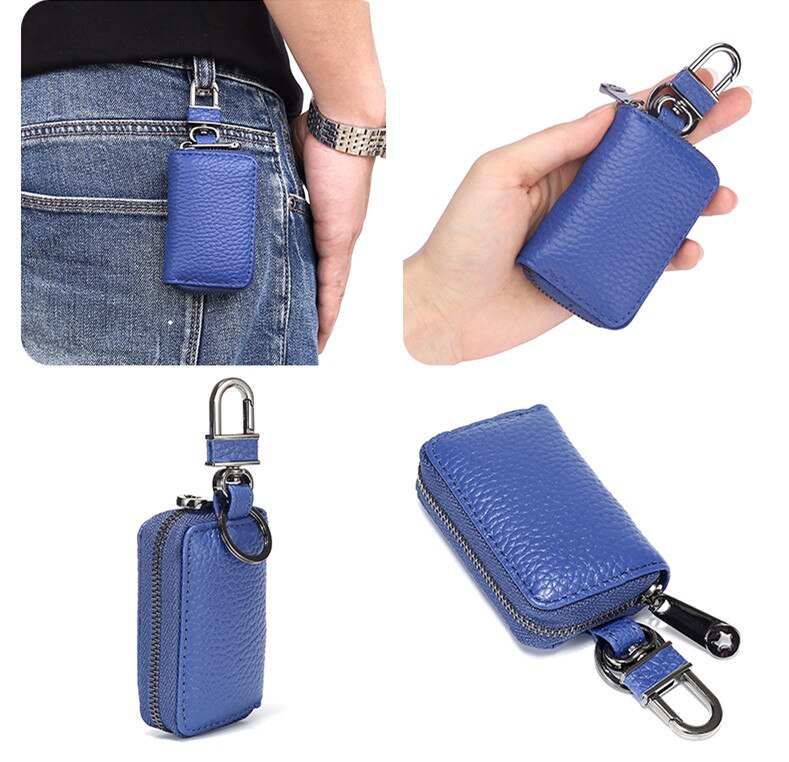 Bolso pequeño para llaves para hombre y mujer, Cartera de cuero auténtico, organizador de llaves, cartera de la llave del coche: Blue