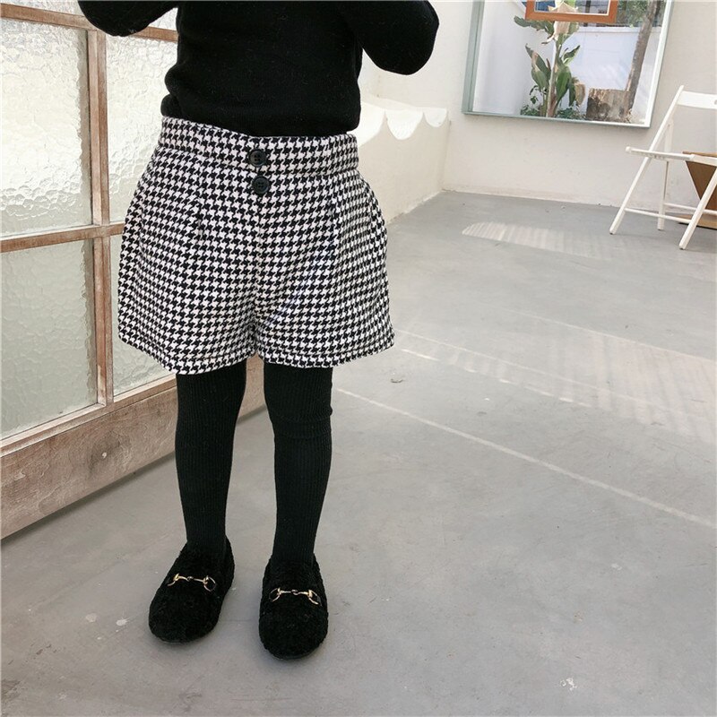 DFXD Kids Clothes Winter Baby Girl Houndstooth Shorts Pants Elastic Waist Button Shorts 1-8Y Toddler Girls Cotton Shorts