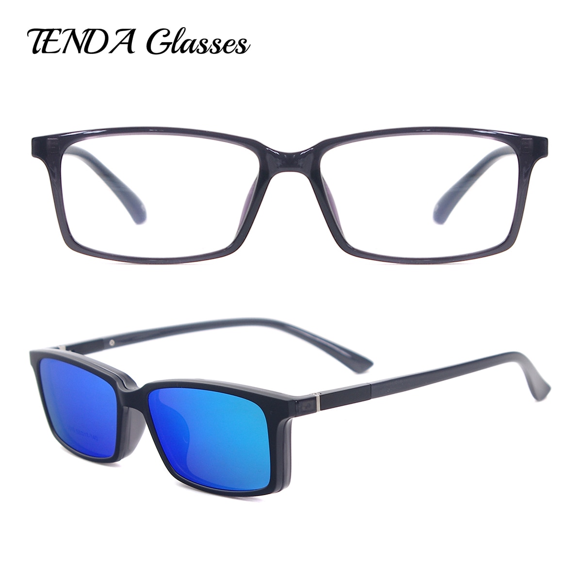 TendaGlasses Lightweight Flexible Rectangular TR90 Men Women Prescription Eyeglass Frame with Polarized Clip On Sunglasses