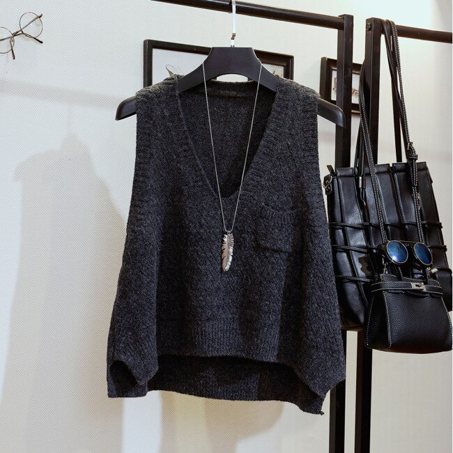 Lente Herfst Losse Vest Truien Vrouwen Casual Solid V-hals Mouwloos Split Truien Vrouwelijke Gebreide Preppy Stijl Trui: Dark Grey