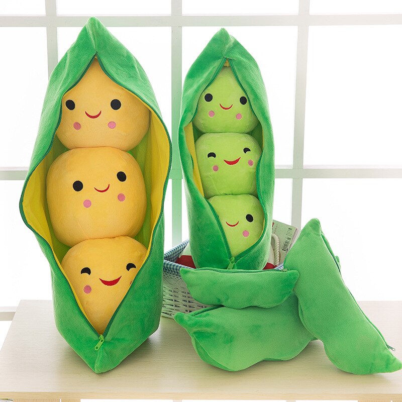 Joli sac de haricot en peluche en forme de gousse de pois avec 3 haricots souriants oreiller doux décoration de la maison FP8