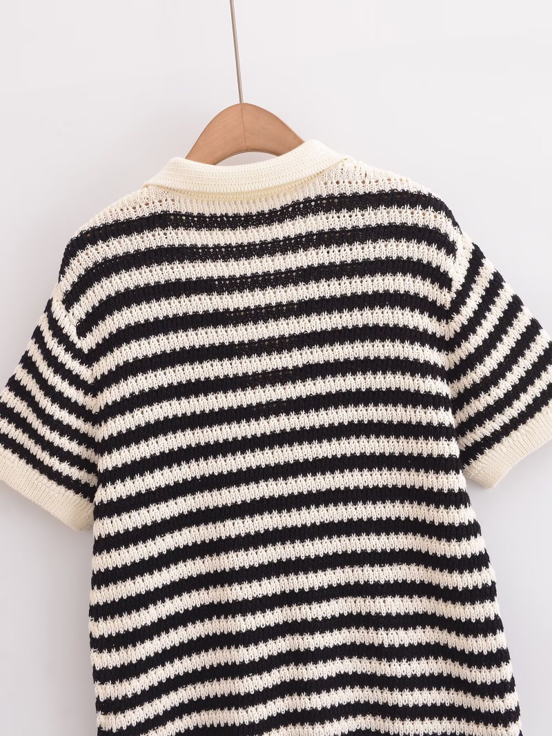 TRAFZR 2025, gestreiftes Strick-Baumwoll-T-Shirt für Damen, Polo-Kragen, kurzärmelig, lässig, Frühling, Sommer, Alltag, Straße, Wochenendkleidung