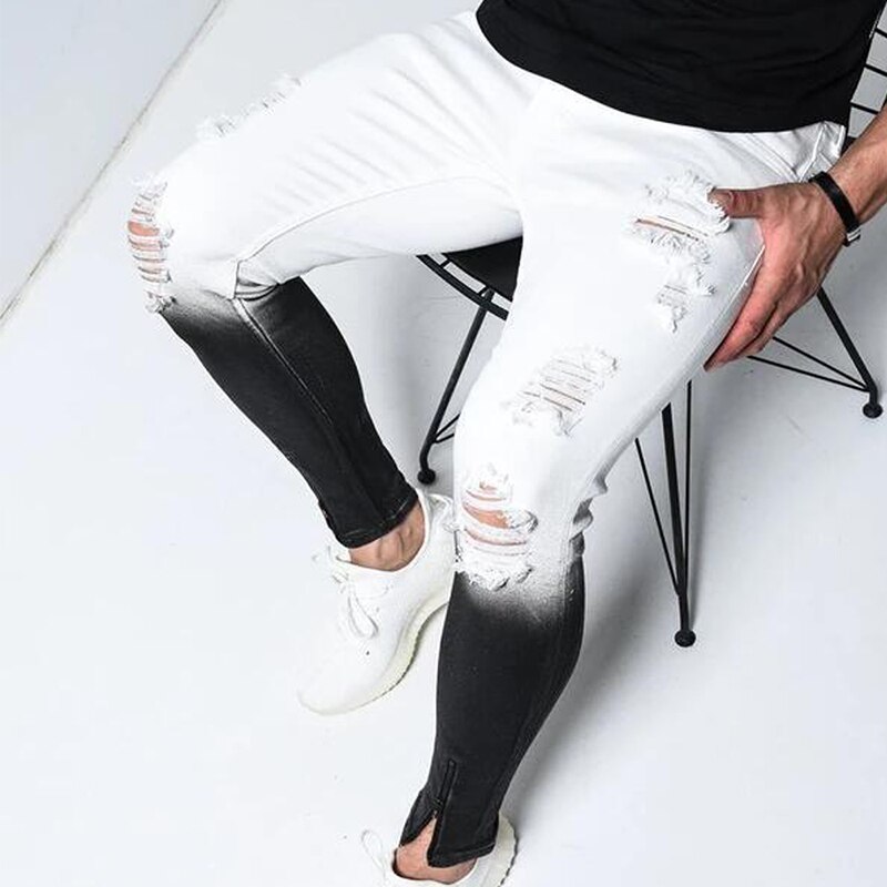 Mode Mannen Skinny Jeans Hoge Veerkracht Ripped Jeans Slim Fit Denim Sportstrousers Streetwear Kleuraanpassing Ritsen Skinny
