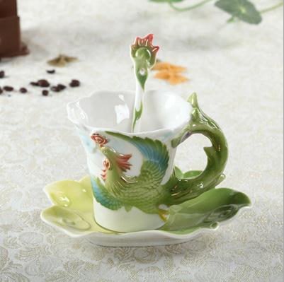 Enamel Porcelain Dragon Phoenix Coffee Cup Dragon Mug Tableware Set: phoenix 2