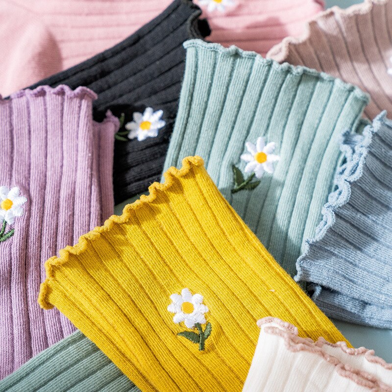 CHAOZHU Summer Spring Thin Loose Socks Daisy 8 Colors Long Women Sox Sweet Cute Cotton Knitting Rib Korea Japanese