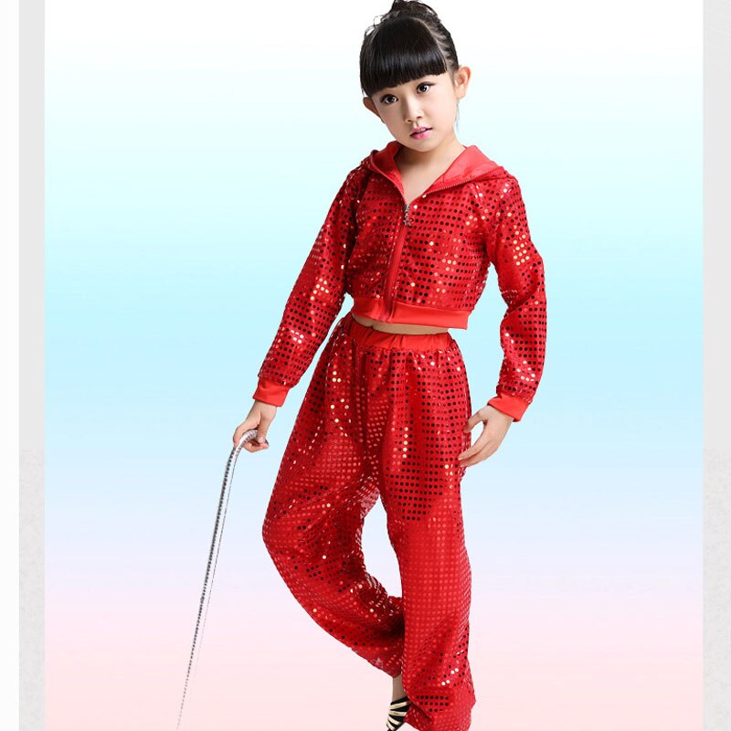 Kid girl boy hip hop dance costume glitter long sleeve stage jazz costume hiphop Suit children ballroom Top Hooded and Pants